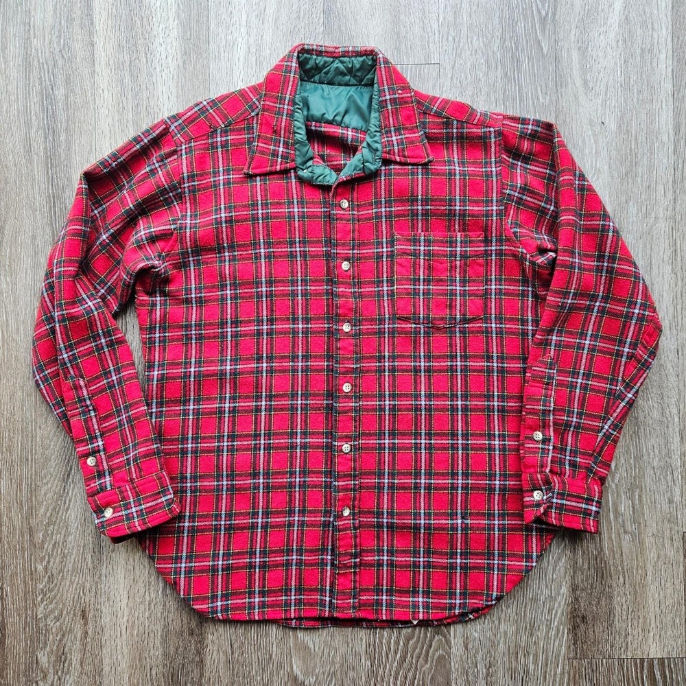 Vintage Stewart of Langask Red Tartan Plaid Flannel Shirt Mens L Wool Blend